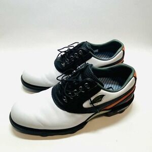 Dryjoys Men's Golf Shoes White & Black Leather Cleats Orange Accent Size 9M